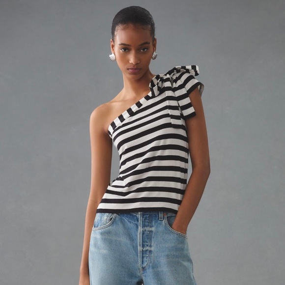 NWT Anthropologie Maeve Striped One-Shoulder Bow Top - Picture 1 of 16